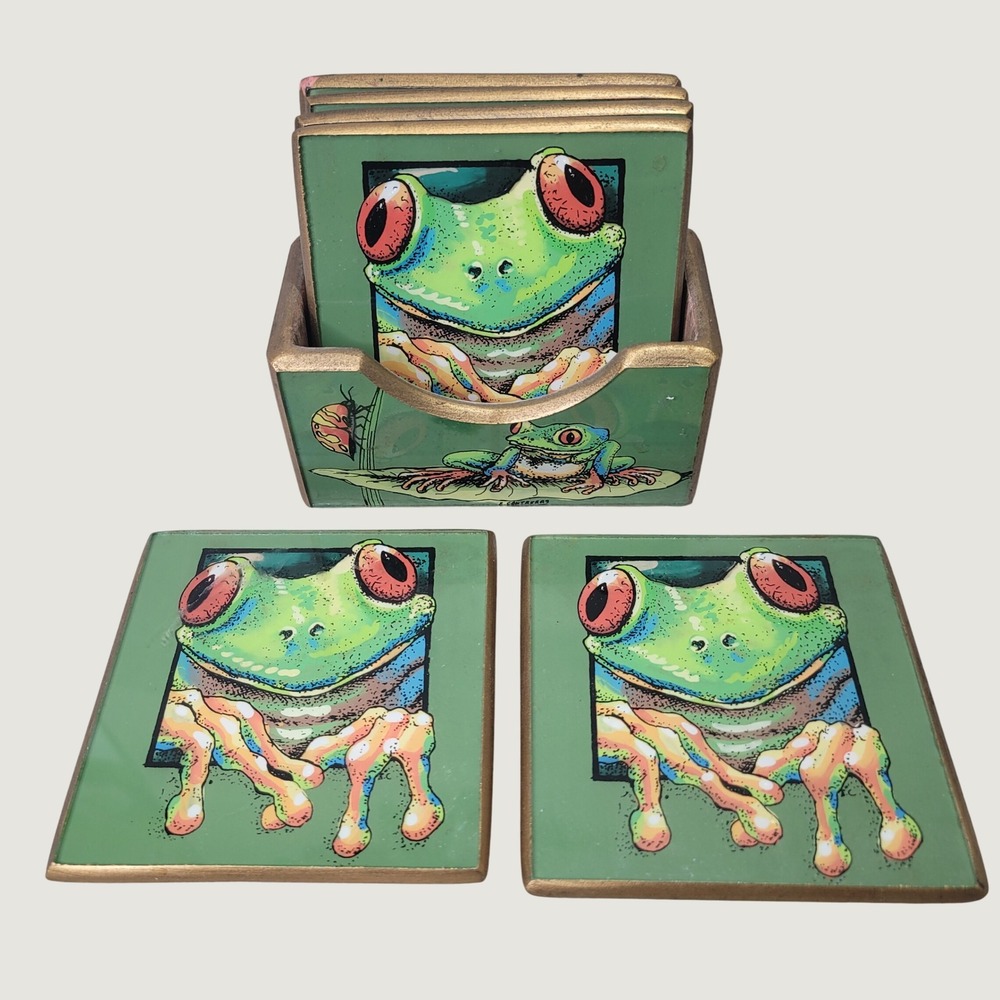 Tree Frog Coaster Set with Holder Peru E Contreras Vintage MCM RARE